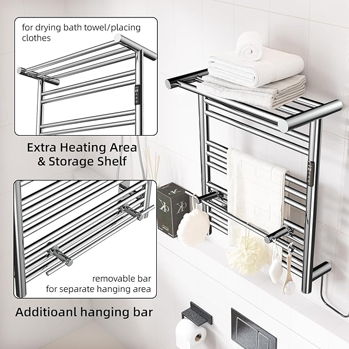 P&Dlusir Heated Towel Warmer with Top Shelf, Heated Towel Rack for Bathroom, H 27.56" x W 23.62", Wall Mounted Towel Warmer Rack, Hard-Wired/Plug-in, Polished