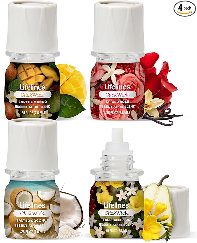 ClickWick Essential Oil Blends for Lifelines Diffusers, 4-Pack Lush Earth Collection - Essential Oil Blend Refill for Candle, Plant & Shower Aromatherapy Diffuser - Fragrance for Diffusers