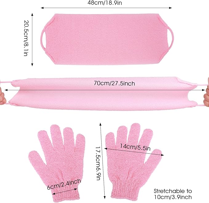 3-Pack Exfoliating Gloves Back Exfoliating Towel Back Washer for Shower Back Scrubber for Shower Skin Washcloth Body Exfoliator Set for Women Men, Pink