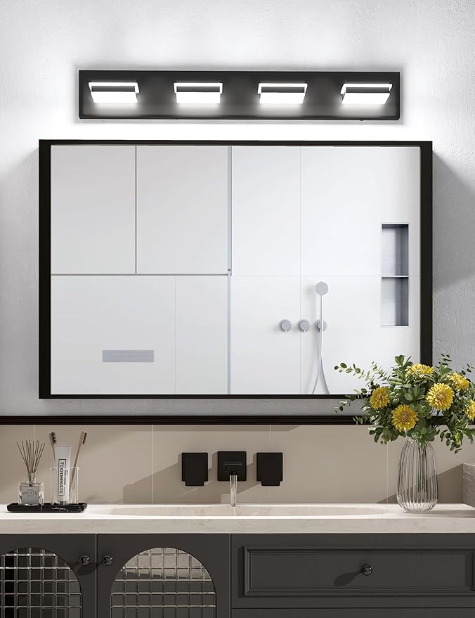 VOLISUN Modern 30-Inch Black Bathroom Vanity Light Fixtures, 4-Light, Cool White LED, Wall Mount, Touch Control