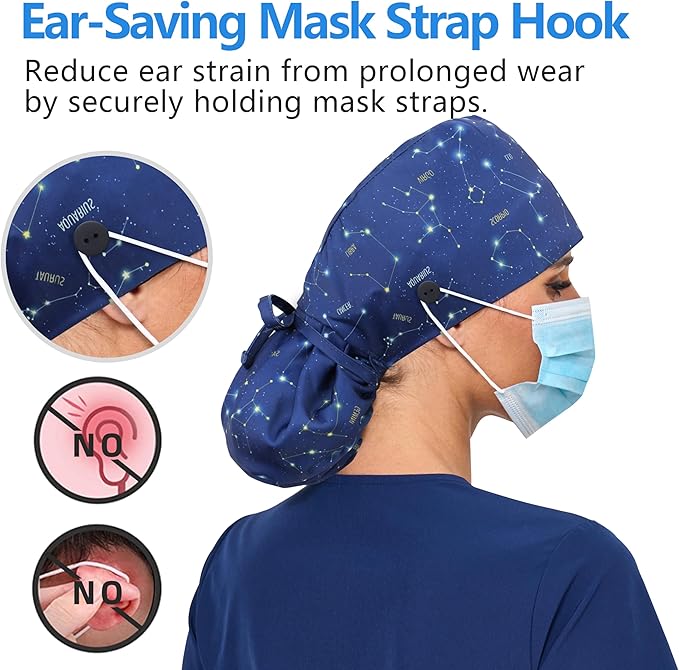 Satin Lined Scrub Cap, Adjustable Surgical Cap with Sweatband & Buttons, Soft and Wrinkle-Resistant Scrub Hat
