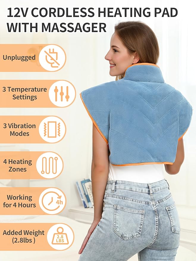 Vofuoti Heating Pad for Neck and Shoulders,12V Portable Cordless Heating Pads with 15000mAh Battery and Massager, Weighted Electric Heated Neck Shoulder Wrap 3 Heat Settings, Gifts for Women Men