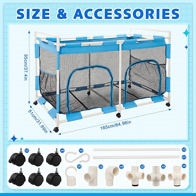 Briwooody 333 Gallon Pool Float Storage, 65" Swimming Pool Storage Organizer Rolling Bin with Zipper and Hooks for Outdoor Noodles, Toys, Towels, Floats, Beach Balls (Single Tier,65 x 37.4 x 31.9in)