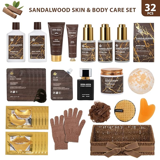 Sandalwood 32 Pcs Bath & Body Gift Basket for Men, Beard Grooming Set, Face Skin Care Kit, Home Spa Basket Gift Set, Bath Bomb, Birthday, Christmas, Valentines, Father's Day, Anniversary