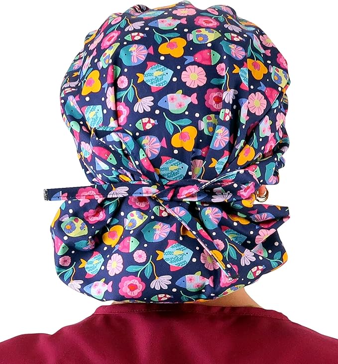Sparkling EARTH Banded Bouffant Surgical Scrub Ponytail Working Caps and Built-in Sweatband - 100% Cotton - Made in The USA