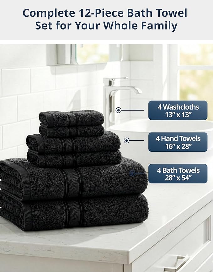 LANE LINEN 12 Piece Premium Towels for Bathroom – 100% Cotton Bath Towel Sets, Zero Twist, 4 Bath, 4 Hand Towel & 4 Wash Cloths, Highly Absorbent, Remains Soft After Wash, Hotel & Spa Quality – Black