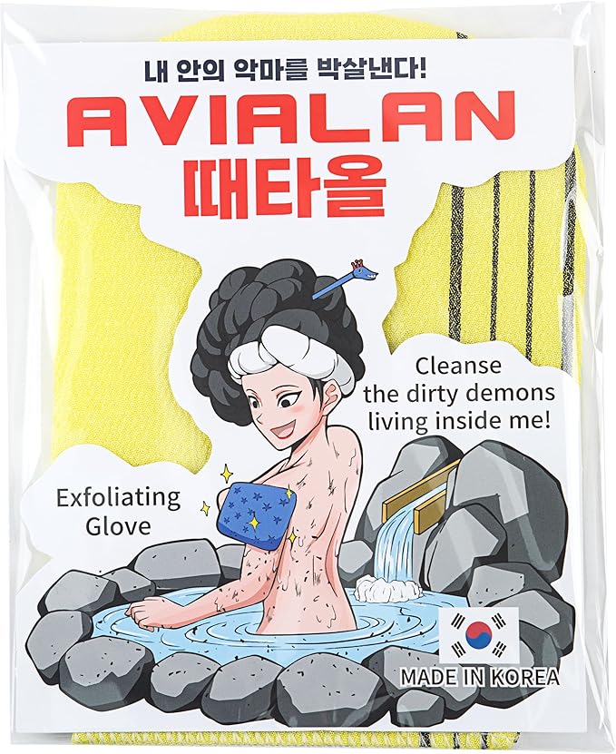 Exfoliating Glove loofah Korean Skin Care face Lip Body Scrub Body wash Dry Brushing Body Brush Bath Towels Foot Back Scrubber scrubbing Bathing Sponge Remover Gloves (Yellow)