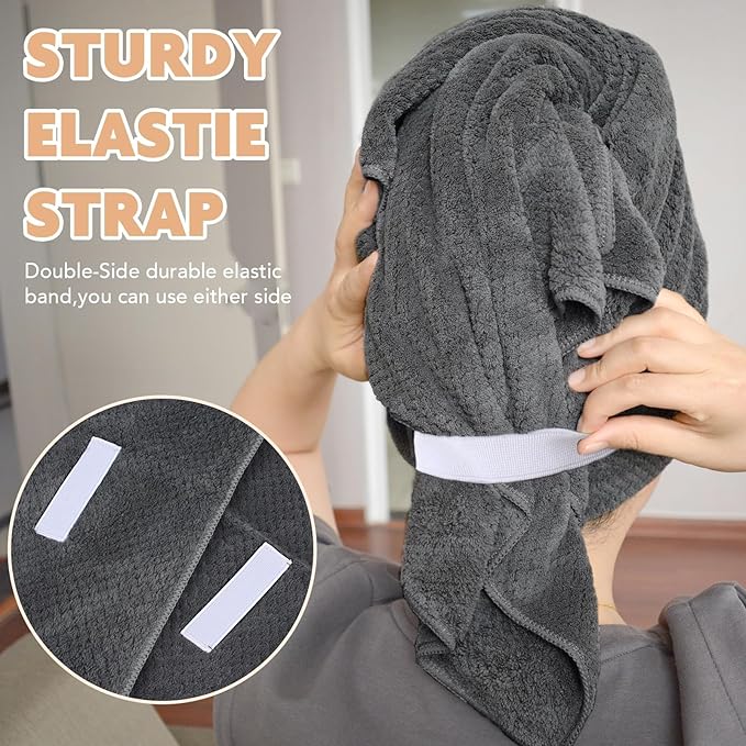 SUNLAND Microfiber Hair Towels Anti Frizz Hair Drying Towel Super Absorbent Fast Drying Turbans for Wet Curly Hair Soft Hair Towel Wrap with Elastic Band for All Hair Types 40 X 28 inches 2Pack Grey