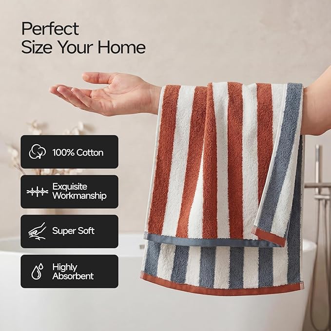 REDKISS 2-Pack Luxury Hand Towels for Bathroom - 12 x 28 Inches 100% Cotton Striped Hand Towels, Ultra Soft and Highly Absorbent Towel for Bath, Gym, Hotel, Kitchen and Spa, Brown
