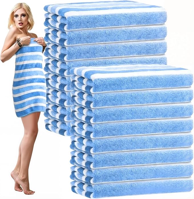 SmoothNovelty 16 Pack Microfiber Bath Towels Bulk 27'' x 60'' Oversized Size Bath Towel Highly Absorbent Extra Large Soft Drying for Beach Shower Summer Salon Sport Gym Party (Wide Stripes,Blue)