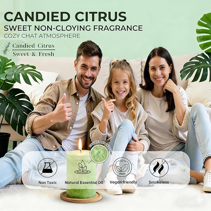4 Pack Candied Citrus Scented Pillar Candles,Natural Essential Oils,60H Long Burning,Non-Toxic Smokeless Candles for Home Decor,Aromatherapy to Stress & Anxiety Relief,Daily Relaxation(2.8x4in)