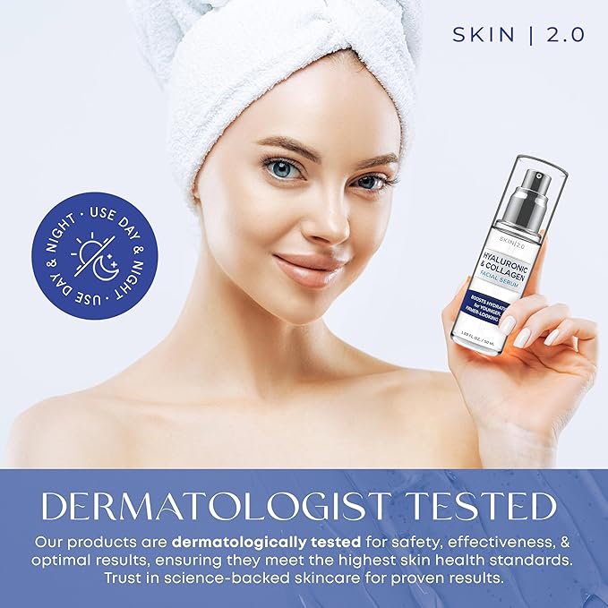 Skin 2.0 Hyaluronic Acid & Collagen Face Serum - Dermatologist Tested, Skin Tightening, Hydrating - Anti-Aging, Clean Beauty, Cruelty-Free Korean Skincare for All Skin Types - 1.69 Fl oz