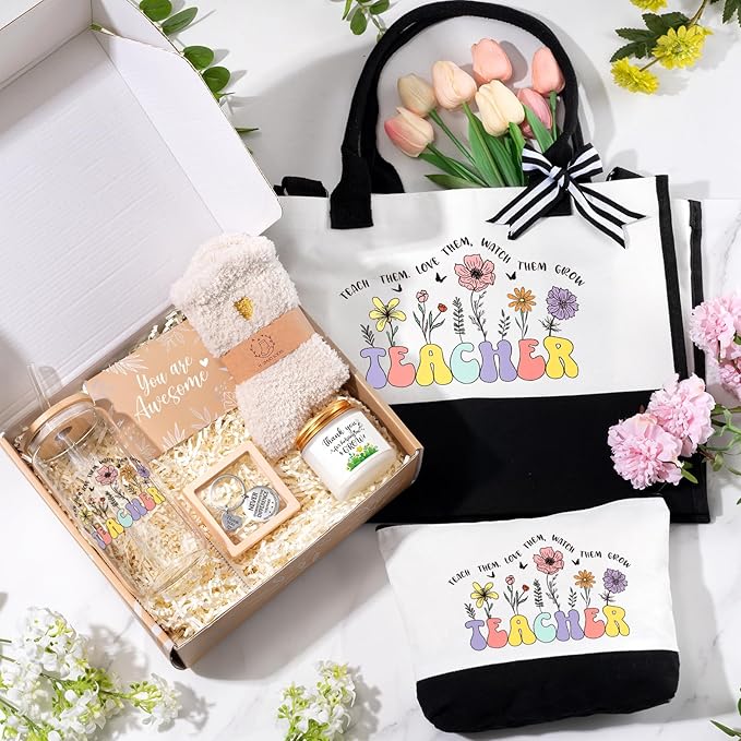 iAOVUEBY Teacher Appreciation Gifts, Best Teacher Gifts for Women, End of Year Teachers Gift from Student, Teachers Birthday Retirement Christmas Thank You Gift Baskets for Women, Canvas Tote Bag