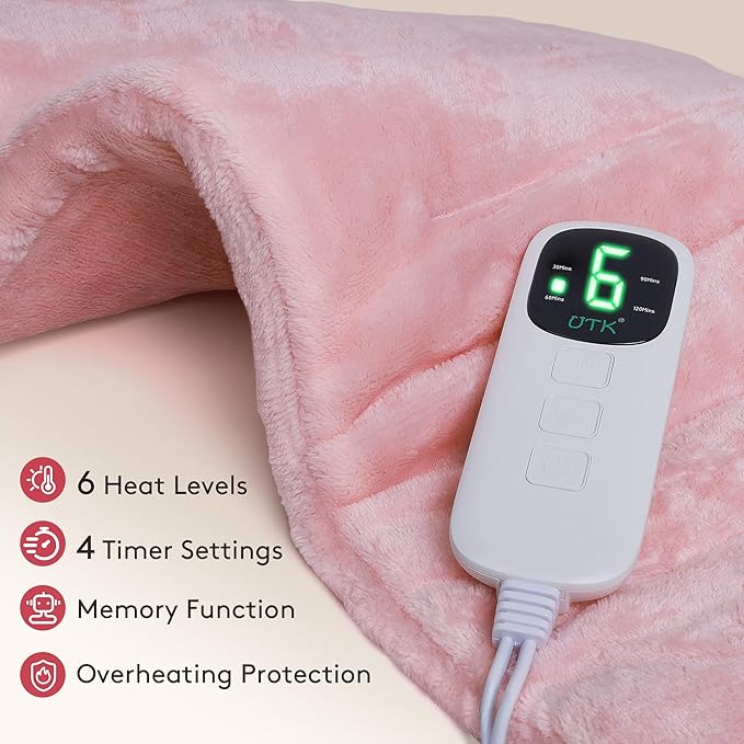 UTK Pink Heating Pad for Back Pain Relief, 12" x 24" Electric Heating Pad for Cramps, Knee, Neck, Shoulders, Soft Flannel Machine Washable Fabric, 6 Heat Settings & Auto-Off(Bright Pink)
