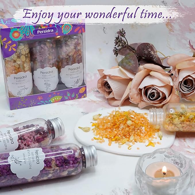 Bath Salts for Women Relaxing, Epsom Salt Bath Soak Gift Set, Mother's Day Birthday Gifts, Spa Bath & Foot Soak, Handmade with Dried Flowers, 3 Bottles Individual Pack, Lavender, Rose & Lemon Scents