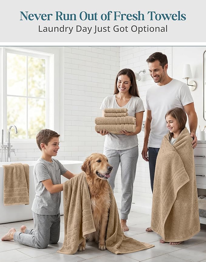 24-Piece 100% Cotton Towels and Washcloths Set – 2 Bath Sheets, 2 Bath, 2 Gym Towel, 4 Fingertip, 6 Hand, 8 Washcloths, Stays Plush After Washes, Ideal for Spa, Hotel & Family Bathrooms - Beige