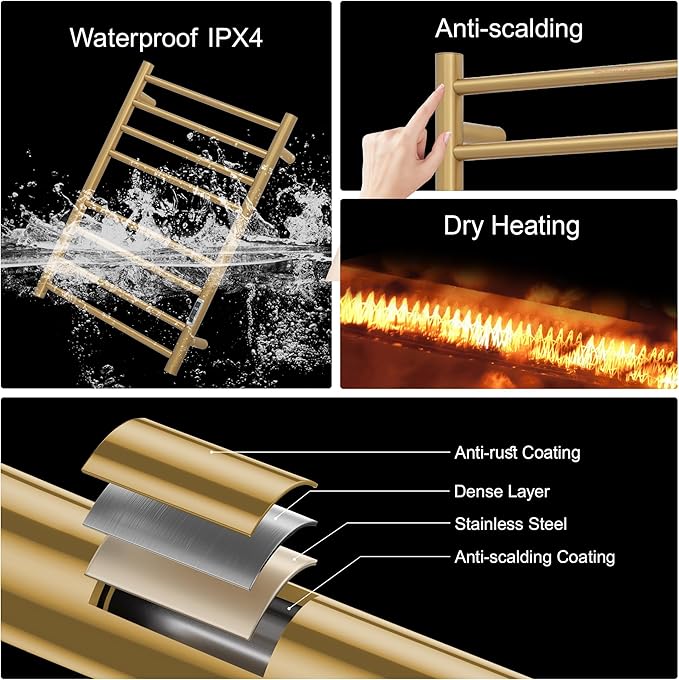 Electric Heated Towel Warmer - Wall Mounted Bathroom Towel Rack, Plug-in Design & Gold Brushed Stainless Steel Finish 8 Bar Gold with Timer & Temperature Control