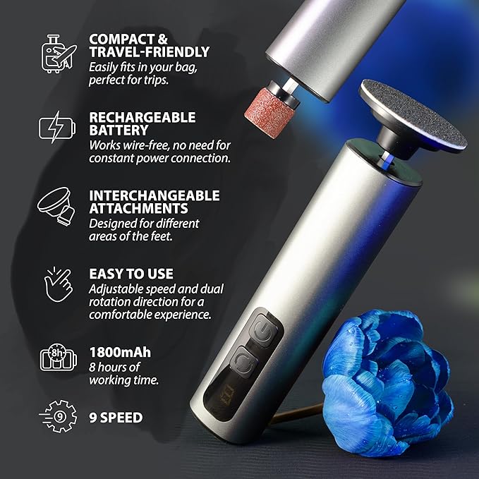 Spargos Electric Foot Callus Remover – Rechargeable Metal Foot File for Dead Skin & Cracked Heels – 9 Speed Professional Pedicure Tools with 60 Sanding Discs – Powerful Heel Scraper for Feet, Black