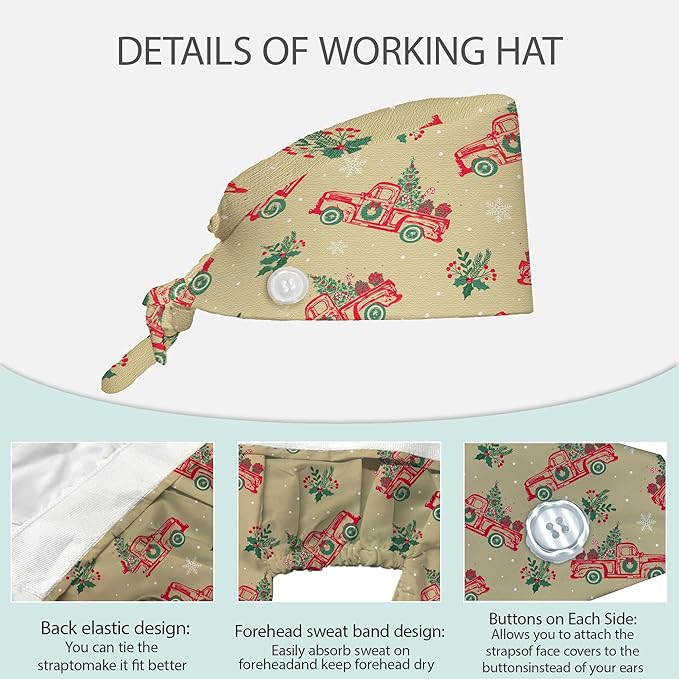2 Pcs Working Cap with Sweatband for Women Men, Adjustable Cleaning Working Hats, Nurse Surgical Caps