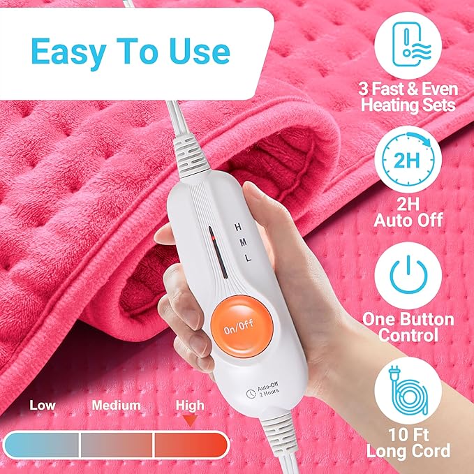 Boileau Electric Heating Pad for Back Pain and Period Cramps Relief, 17"x33" Extra Large XXXL, 3 Heating Levels Heat Pad with 2-Hour Auto Shut Off, Gifts for Women and Mom, Pink