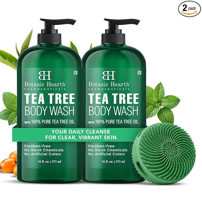 Botanic Hearth Tea Tree Body Wash 2Pack, with Silicone Dual-Sided Design Body Brush & Scrubber | Infused with 100% Pure Tea Tree Oil, Coconut, Jojoba |Foot & Body Cleanser | Paraben Free |16 fl oz