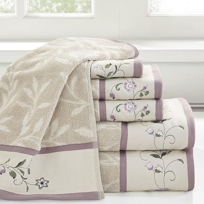 Madison Park Serene 100% Cotton Bath Towel Set Luxurious Floral Decorative Towels for Bathroom Embroidered Cotton Jacquard Design Soft Highly Absorbent for Shower 600 GSM, Multi-Sizes, Purple 6 Piece