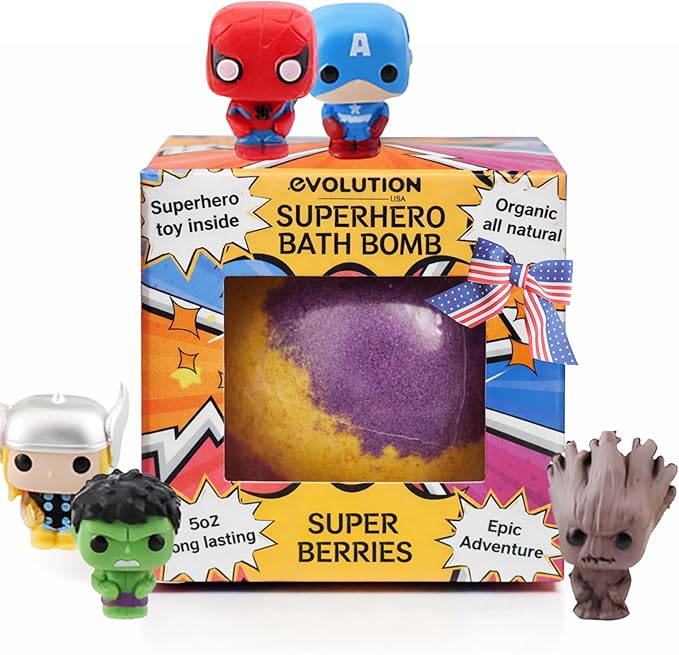 EvolutionUSA 1pc Red Epic Superhero Bath Bombs for Kids – Super Hero Bath Bomb with Toy Inside, Lush Children Bathbomb Easter, Organic Bathbomb with Surprise Inside, Superhero Bath Fizzer Valentines