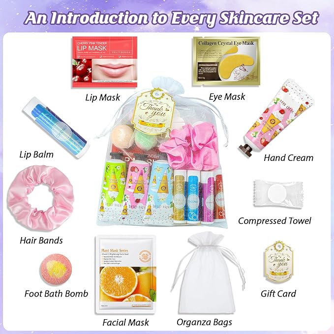 80PCS Spa Party Favors, Include Face Masks, Lip Balm, Hand Cream, Under Eye Patches, Lip Mask, Foot Bath Bombs, Hair Bands,Sleepover Spa Party Supplies,Birthday Kit for Women Girls Gift Skincare Set