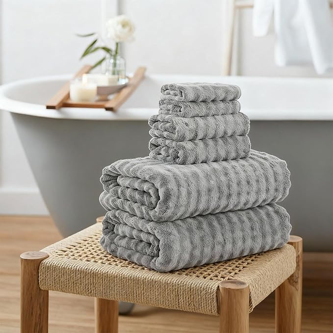 KBY Bath Towels Set 6 Piece 40x80 Inches，2 Extra Large Bath Sheets 2 Hand Towels 2 Washcloths，Highly Absorbent Quick Dry Microfiber,Ultra Soft Towel Set for Bathroom，Spa，Gym， Hotel(Gray
