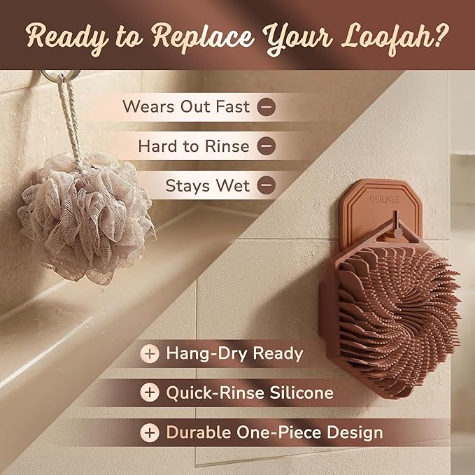 SILKLE Silicone Body Scrubber – Gentle Exfoliating Shower Scrubber for Body & Bath, Silicone Shower Brush & Loofah Alternative – Non-Slip Silicone Body Brush, Quick Dry, Hygienic - Brown
