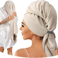 Umisleep Microfiber Hair Towel, 41" x 30" Super Absorbent Extra Large Curly Hair Towel Wrap With Elastic Loop, Camel