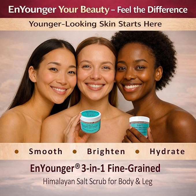 EnYounger™ 3-in-1 Fine-Grained Himalayan Salt Scrub for Body & Legs – Exfoliate/Smooth, Brighten & Hydrate Naturally (10 oz / 283 g)