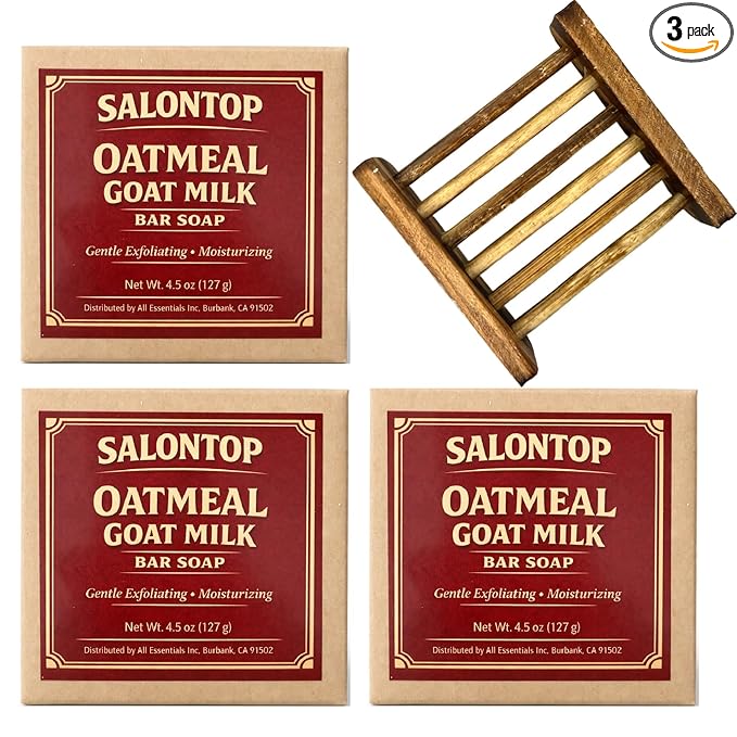 Oatmeal Goat Milk Soap Bars 3 Pack 4.25oz Each with Bamboo Soap Dish, Moisturizing Bath Soap for Sensitive Skin, Dry Skin Relief Cleanser, Gentle Face & Body Soap, Made in USA