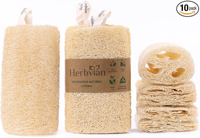 Natural Vietnamese Loofah Sponge, 100% Plant-Based Luffa Exfoliating Body Scrubber for Shower, Multi-Functional for Kitchen, Ideal for Men & Women, Spa & for Pet (6pcs/Pack)