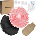 ManmiHealth 5 PCS Silicone Body Scrubber Shower Brush, Upgrade Super-Exfoliating Shower Scrubber with Non-Slip Hand Strap, Silicone Body Buffer Shower Mitt with Soap Bag Set(Black+Pink)