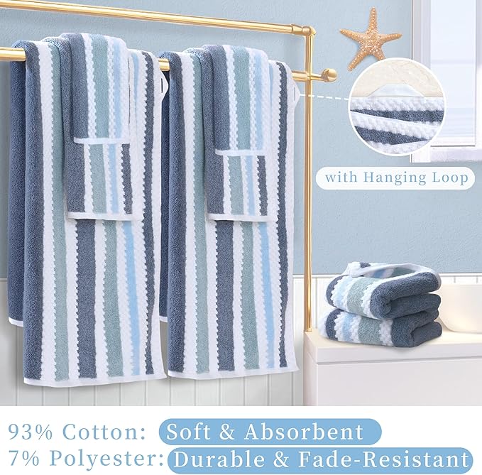 Waffle Washcloths for Bathroom, Wash Cloths 6 Pack 13"x13" - Cotton & Polyester | Quick Dry | Thick | Absorb, Decorative Soft Face Wash Cloths, Striped Face Towel Set, Blue-Gray and White Checkered