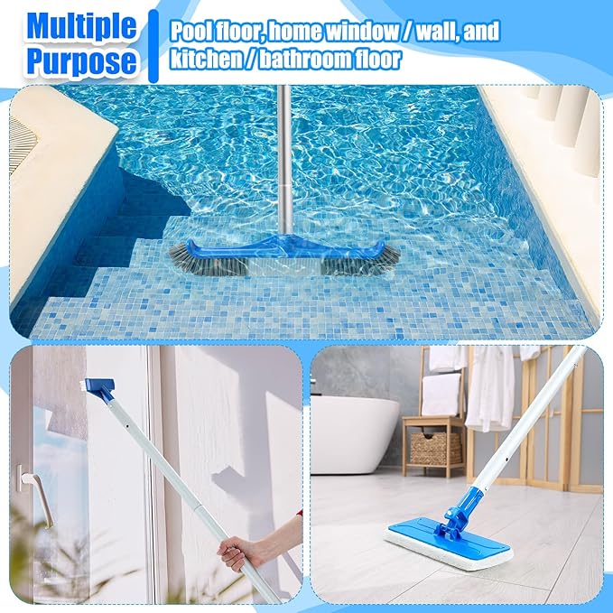 Tioncy 4 Pcs Pool Brushes Kit with 47" Pole Adjustable, 17.5" Pool Brush Head, Hand Scrub Brush & Scouring Sponge Pads with Aluminum Pole for Spa Hot Tub Bathroom Kitchen Home Tiles Walls Floors