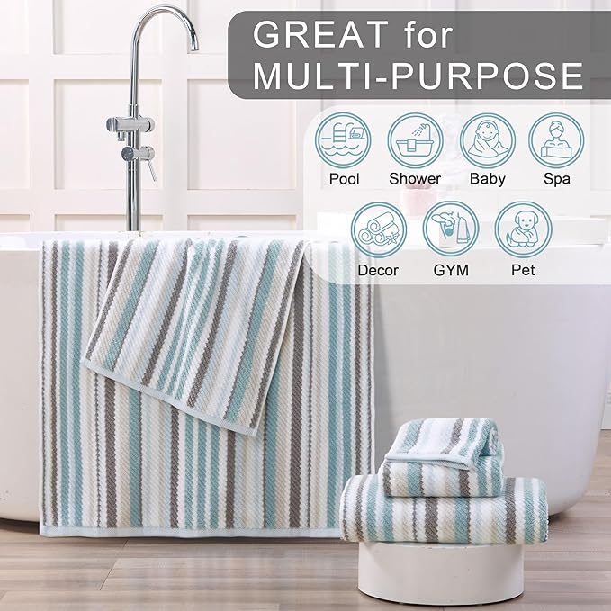 VOOVA & MOVAS 13"x13" Aqua Striped Washcloths (6 Pack) - 100% Cotton Ultra Soft Absorbent Quick Dry Towels | Luxury Decorative Bathroom Set with Blue + Gray Striped Design