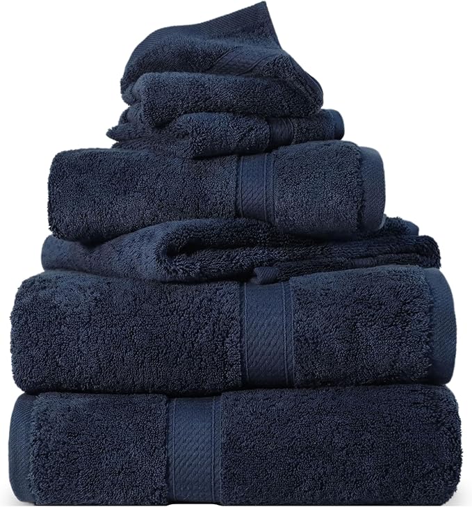 SUPERIOR Egyptian Cotton Pile 6 Piece Towel Set, Includes 2 Bath, 2 Hand, 2 Face Towels/Washcloths, Ultra Soft Luxury Towels, Thick Plush Essentials, Guest Bath, Spa, Hotel Bathroom, Navy Blue