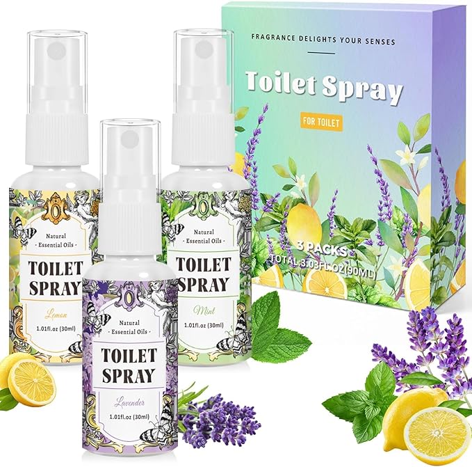 STRN Toilet Spray, 3-Pack Lemon, Mint & Lavender Natural Scent, Portable Instant Odor Deodorizer for Home, Bedroom, Travel Size