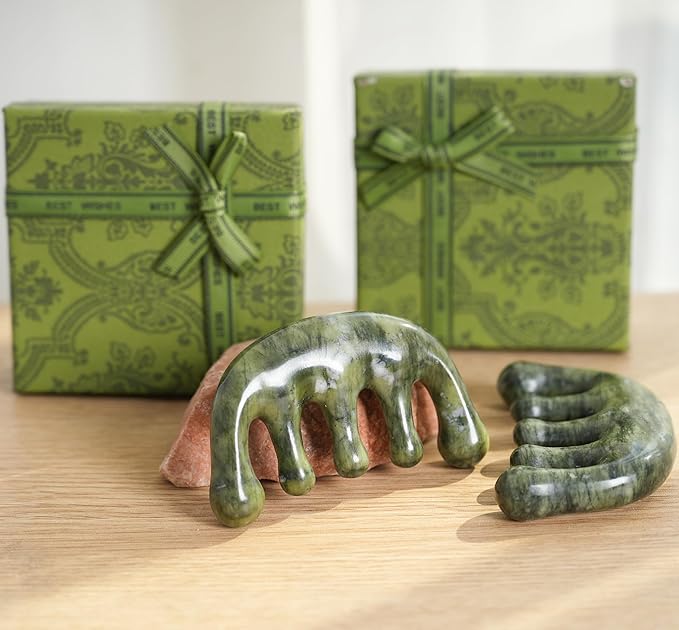 Meridian Massage Comb for Face & Scalp, Natural Stone, Stimulates Blood Circulation, Promotes Meridian Flow, Multi-Purpose Head Massager for Relaxation & Wellness (Jade-Green_Comb)