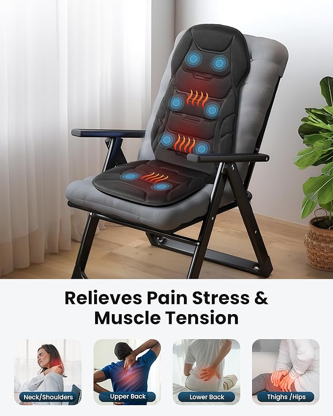 COMFIER Massage Chair Pad, Back Massager with Heat with 8 Vibration Motors, Massage Seat Cushion with 5 Modes, for Back Home Office Use, Gifts for Women Men