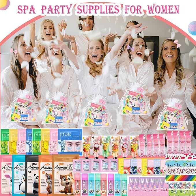 224PCS Spa Party Supplies for Girls, Spa Party Favors Include Face Masks,Hand Cream,Lip Mask,Foot Bath Bombs,Face Cream,Spa Birthday Sleepover Party Supplies Facial Skin Care Set