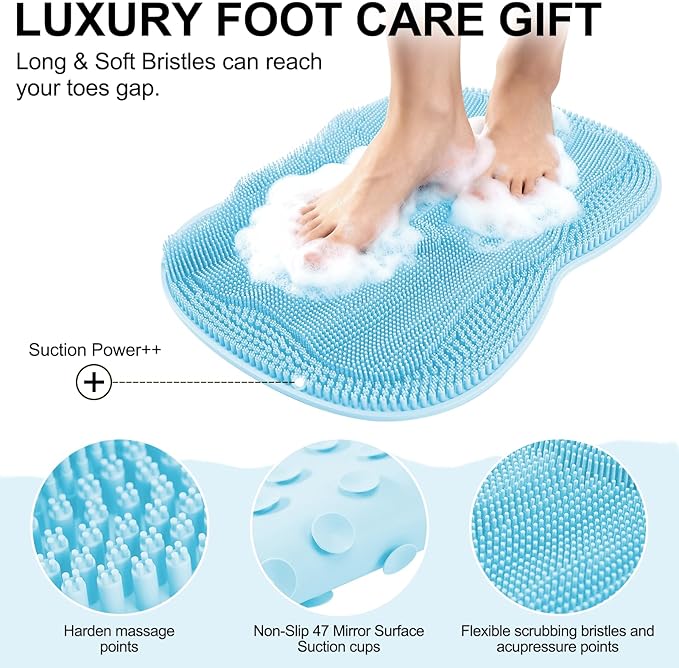 Bath Shower Foot Scrubber Mat - Silicone Shower Foot Scrubber Mat (XL) Cleaner Foot Toes Clean Pad Without Bending Non-Slip Suction Cups Bathroom mat 17.2 * 13 inch - Light Blue