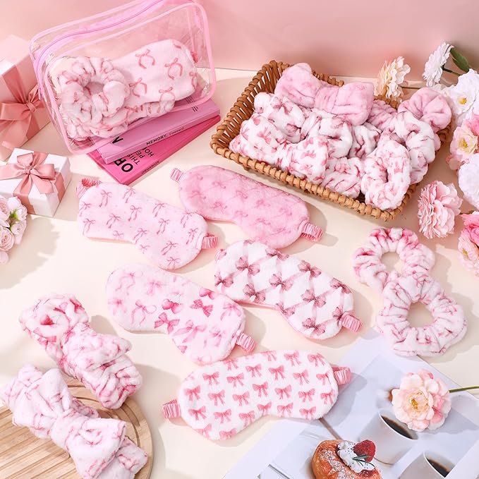 Kajaia 48 Pcs Sleepover Party Supplies for Girls Slumber Party Supplies for Women Spa Headband Favor Mask Scrunchies Bag (Bow,Pink)