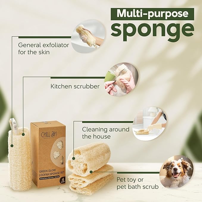 Chill Ah Natural Loofah Sponge Set – 100% Plant-Based, Dye-Free, Biodegradable Bath Exfoliator for Glowing Skin – Handcrafted in Vietnam (4-Pack)