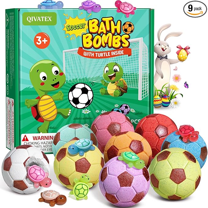 Qivatex Bath Bombs with Surprise Toys Inside, Soccer Gifts for Kids Boys Girls, 9 Kids Bath Bombs Gift Set, Handmade Nature Bubble Bath Fizzes Bomb, Birthday Gifts for Kid