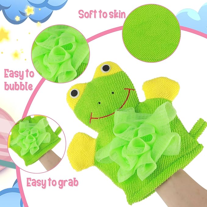 Bath Gloves Loofah for Kids, 2 Pcs Cute Animal Kids Sponges Shower Gloves Loofah Colorful Exfoliating Body Scrubber for Baby Gentle Soft and Easy to Lather (Blue Bear, Green Frog)