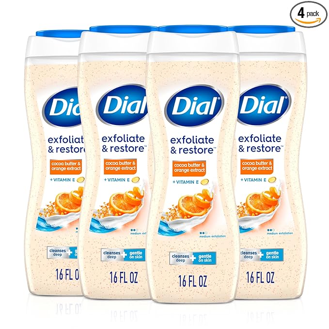 Dial Body Wash, Exfoliate & Restore Cocoa Butter & Orange Extract, 16 Fl Oz Pack of 4, With Vitamin E, Gentle, Leaves Skin Feeling Nourished, Dermatologist-Tested, No Parabens & Sulfates