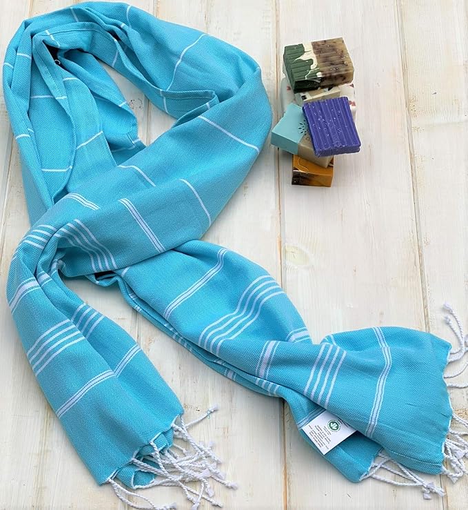 Beach Towel 100% Cotton Turkish Beach Towel Adult 38x70 Inch Pre-washed Absorbent Extra Large|Sand Free Quick Dry BathTowels|Lightweight Blanket|Travel Cruise Camping Spa Gym Yoga Towel|Blue Atoll